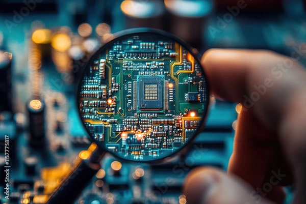 Fototapeta Exploring the intricate details of a circuit board under magnification with hands engaged in technical examination