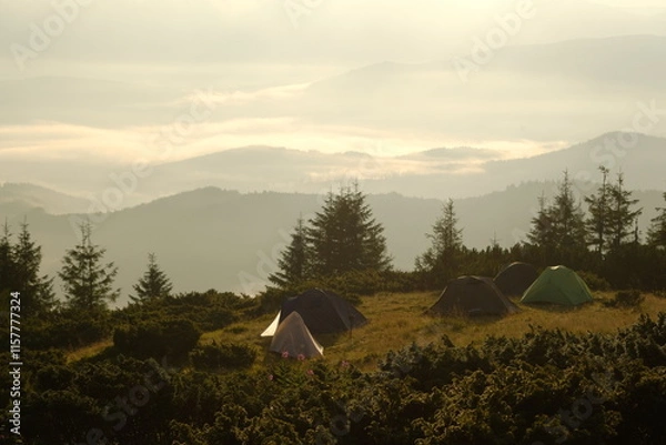 Fototapeta Tourist camp on a mountain meadow on a sunny morning.