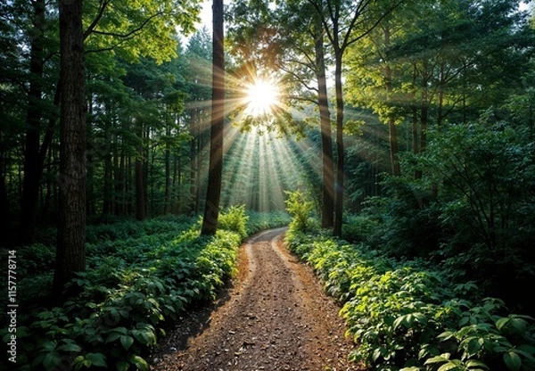 Obraz Serene Forest Path Illuminated by Sunbeams Through Lush Green Foliage