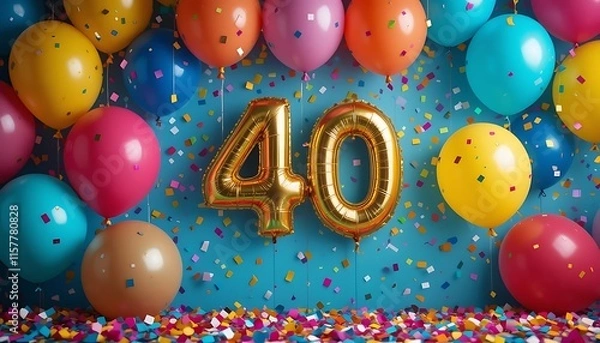Fototapeta Joyful 40th Birthday Party Celebration with Colorful Balloons and Confetti