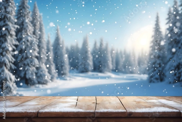 Fototapeta A picturesque winter landscape with snow covered fir trees and a wooden table top creating a perfect setting for a Merry Christmas and happy New Year greeting background, snowfall scene, banner