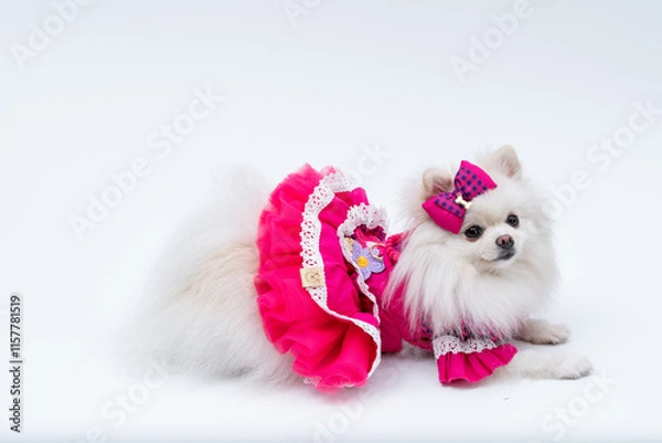 Obraz Spits branca com vestido rosa e laço na cabeça