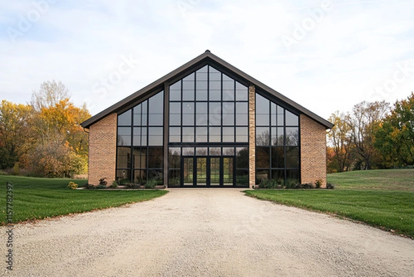 Fototapeta A modern, minimalist wedding venue in the Midwest with large windows and glass doors on an autumn day. The front of it is made from brick, there's a long driveway leading up to its entrance.