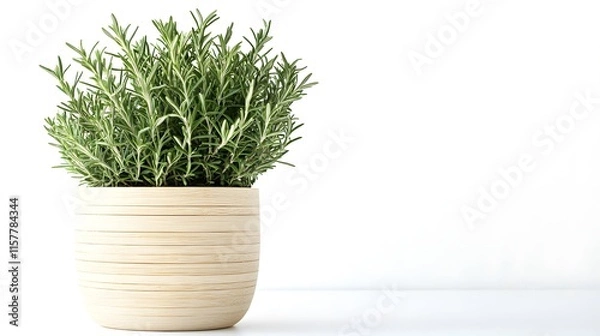 Fototapeta A lush rosemary plant thrives in a light beige, horizontally striped, cylindrical pot. The vibrant green herb contrasts beautifully against the simple pot and white background.