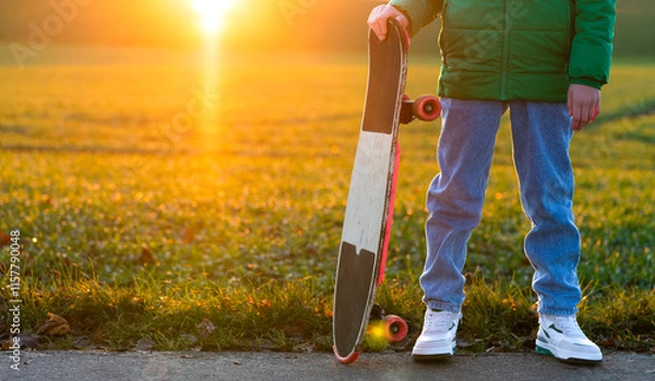 Fototapeta guy with a skateboard at sunset
