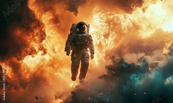 Fototapeta An astronaut floats through a vibrant cosmic explosion in space.