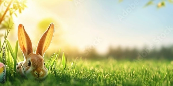 Fototapeta A fluffy bunny rests in lush grass under warm sunlight, symbolizing joy and renewal during Easter. Nearby, a colorful egg evokes delightful springtime festivities with family and fun
