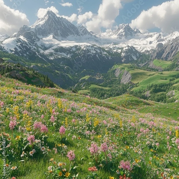 Fototapeta Majestic Alpine Mountain Landscape with Colorful Wildflowers, Lush Greenery, Snow-Capped Peaks, Clear Blue Sky, and Puffy Clouds in Idyllic Countryside Setting