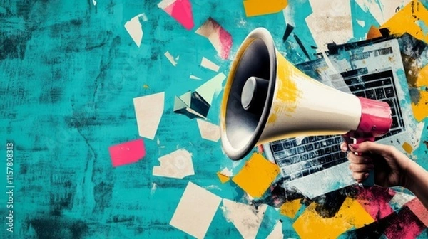 Obraz Trendy retro Halftone Collage with Megaphone, Laptop and Hand. Social media news and propaganda. Pop art design loudspeaker. Promotion banner with ripped paper. Conceptual composition