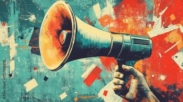 Obraz Trendy retro Halftone Collage with Megaphone, Laptop and Hand. Social media news and propaganda. Pop art design loudspeaker. Promotion banner with ripped paper. Conceptual composition