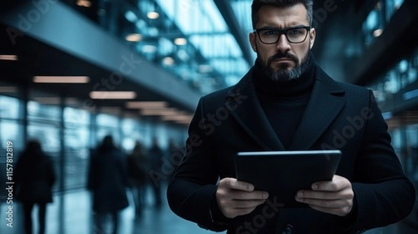 Fototapeta Man holds tablet while standing in a sleek urban setting during evening twilight with others around