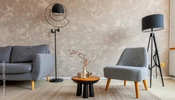 Fototapeta Elegant Modern Living Room Featuring Textured Empty Wall in Neutral Tones Japandi Interior Design Aesthetic with Minimalist Touches and Cozy Atmosphere