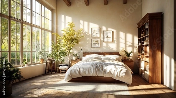 Fototapeta Sun-Drenched Bedroom: Serene 3D Render of a Tranquil Morning. AI Generated