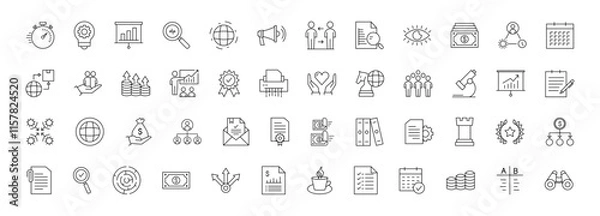 Fototapeta Business Strategy icon set in line style. Business solution icons for web and mobile app. Brainstorming, solution, teamwork, startup, marketing, advertising, management, business process, action list.