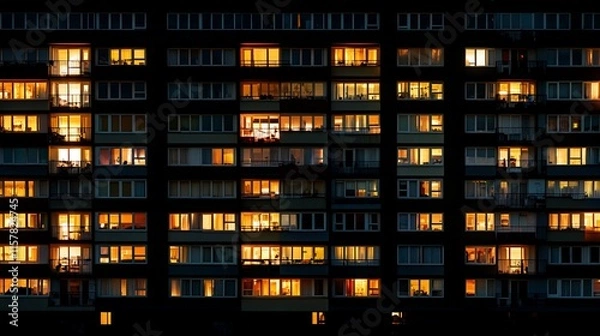 Fototapeta Nighttime view of an apartment building with illuminated windows.