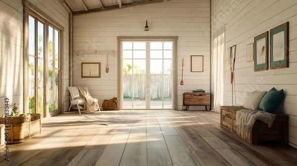 Fototapeta Sunlit Rustic Interior: Warmly Lit 3D Rendered Room Design. AI Generated