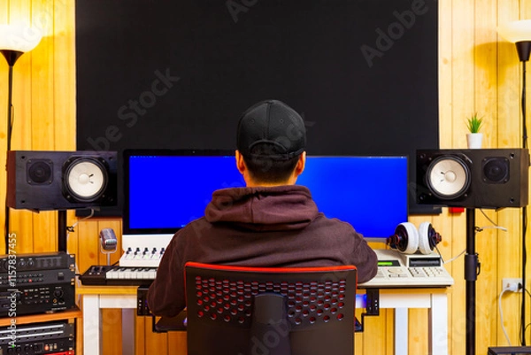 Obraz back of asian professional music producer, composer, sound engineer, musician working in home recording studio