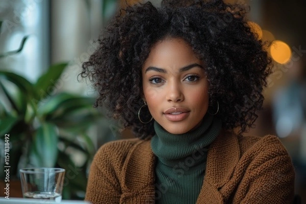 Obraz A young, self-assured African American psychoanalyst sits at a desk, conversing with a patient via an online psychological session on a laptop.