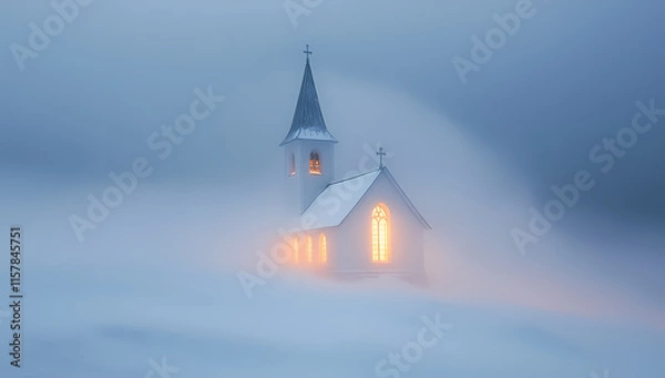 Fototapeta Serene small church in the snow under moonlit foggy night
