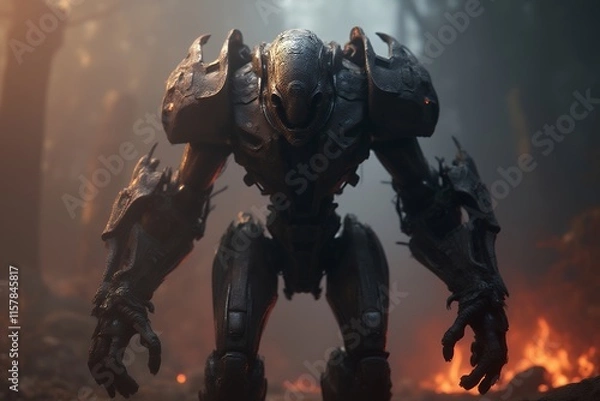 Obraz Futuristic Robot Warrior in a Dark Forest Environment