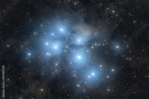 Fototapeta Pleiades, M45. A bright open star cluster surrounded by reflection nebulosity in the Taurus constellation. High quality photo