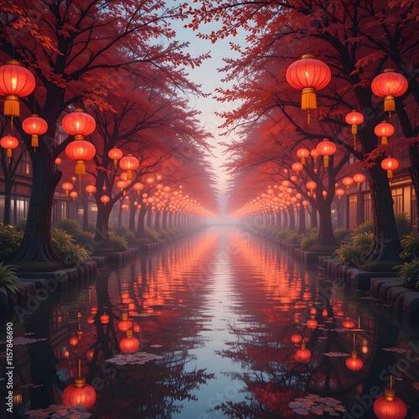 Fototapeta Chinese New Year celebrations with red lanterns hanging from trees and reflecting in the calm water 