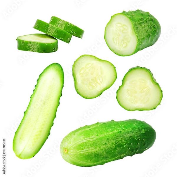 Fototapeta Set of fresh green ripe whole, half and slices cucumber isolated on white background. Design element for product label, catalog print, web use.