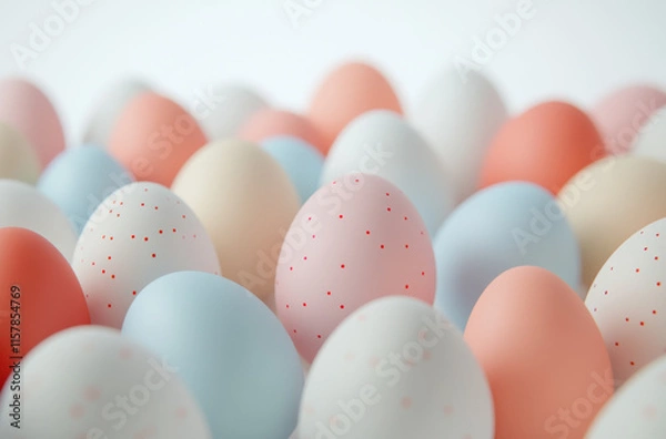 Fototapeta Brightly colored eggs in various pastel shades are arranged together, showcasing intricate patterns and a festive atmosphere, perfect for spring celebrations and Easter festivities