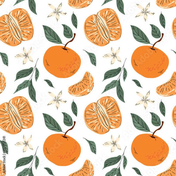 Fototapeta Seamless pattern with tangerines and green leaves on white background. Whole tangerines, slices, flowers, leaves. For packaging paper, textiles, packaging, cosmetics