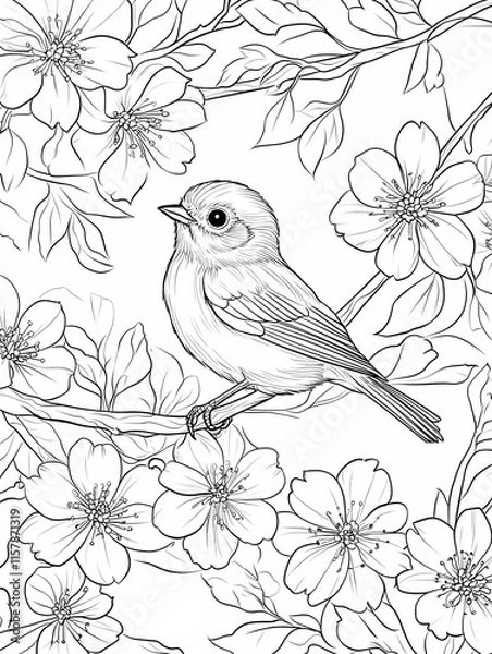 Fototapeta Coloring page, a bird sits on the branch of a flowering tree