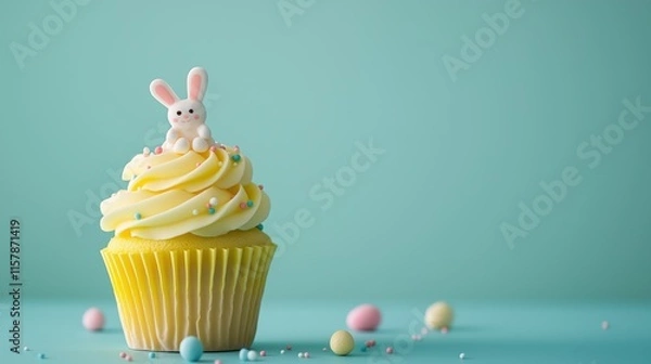 Obraz Decorated pastel yellow Easter cupcake with bunny topper and colorful sprinkles on a bright background