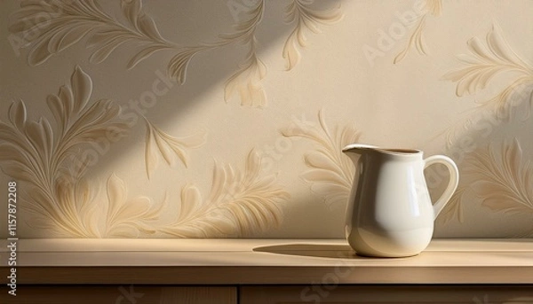Fototapeta 壁紙の自然なトーンに溶け込むマットな陶器のミルクピッチャー、シンプルで上品な配置
