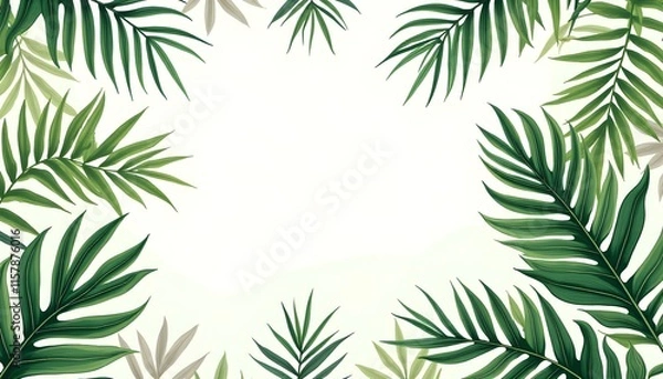 Obraz A vibrant tropical background featuring a lush arrangement of palm leaves in various shades of green, creating a lush and inviting summery feel
