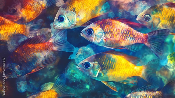 Fototapeta A school of tropical fish, their scales a mosaic of spring sorbet colors. Thalassic. Illustration