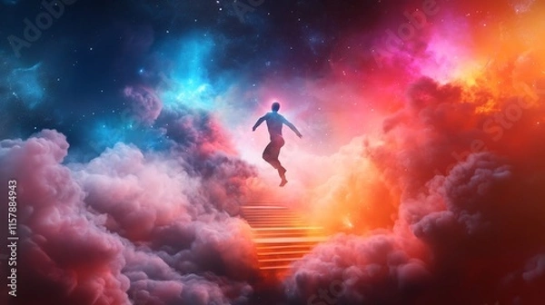 Fototapeta Dynamic Digital Painting: Man Leaps Joyfully Through Vivid Cosmic Cloudscape. AI Generated