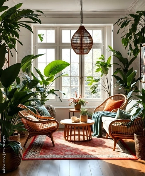 Fototapeta Boho Luxe Living Room with Lush Plants & Rattan Furniture