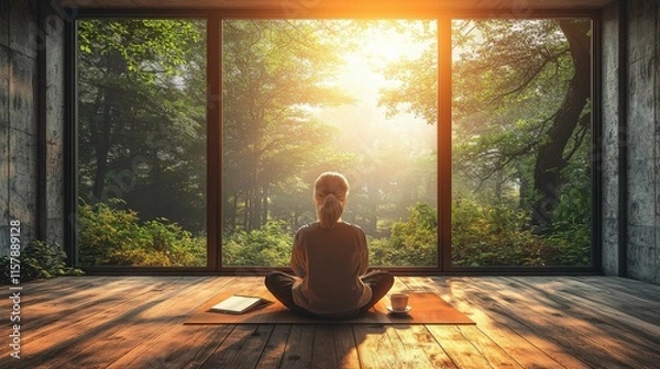 Fototapeta A serene scene depicting an individual, likely European, meditating in a cozy room with large windows overlooking a beautiful forest.