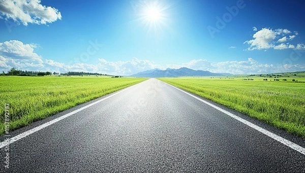 Fototapeta Empty Road Leading Towards Mountains Under Blue Sky With Clouds