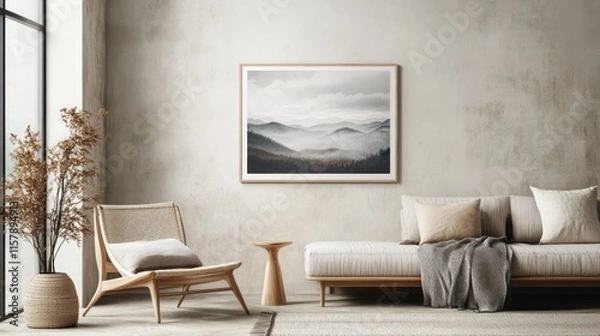 Fototapeta Misty mountain landscape framed print in modern living room.