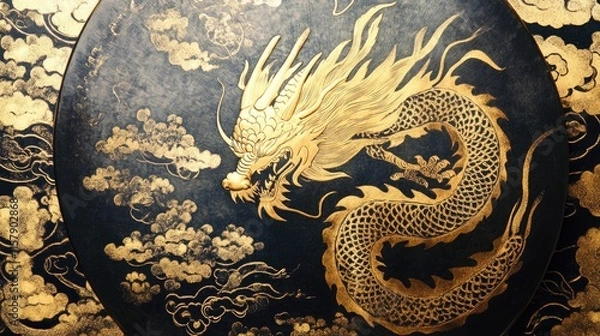 Fototapeta Golden Dragon Design with Clouds and Textured Background