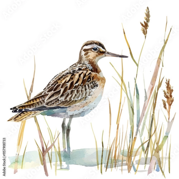 Fototapeta A watercolor drawing of a snipe standing in the reeds, isolated on a white background. Snipe vector.
