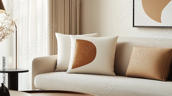 Fototapeta A modern minimalist living room features a cozy white sofa adorned with geometric-patterned cushions, adding a stylish and contemporary touch to the serene space.