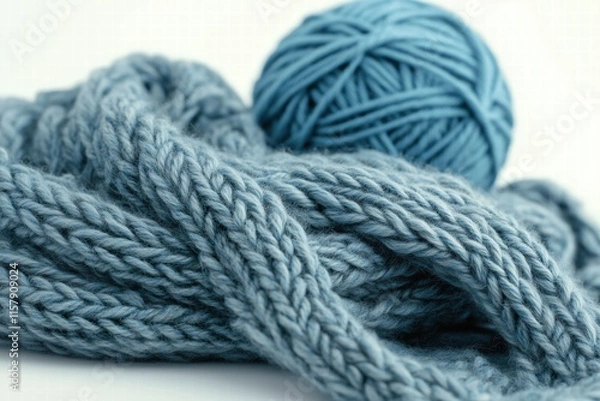 Fototapeta Soft blue knitted fabric with matching yarn ball on plain background. Handmade and craft materials