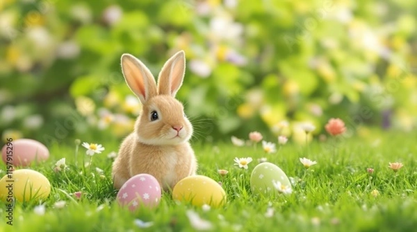 Fototapeta A cute brown Easter bunny is sitting on a grassy field surrounded by colorful eggs, with green leaves and white flowers in the background.