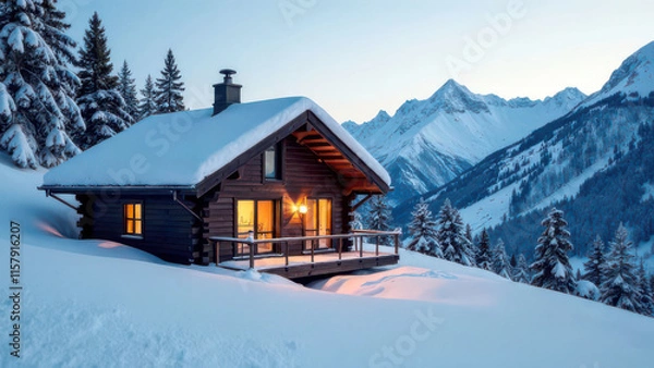 Fototapeta Cozy wooden cabin in snowy mountain landscape at dusk with warm lights