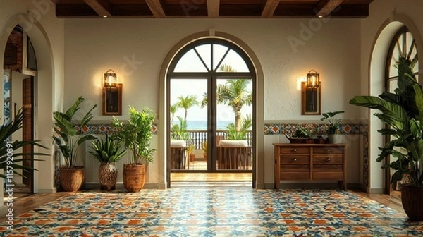 Fototapeta A sunlit Mediterranean interior featuring terracotta tiles, arched doorways, and lush greenery, evoking a rustic charm. Tropical vibes show elegance and warmth.