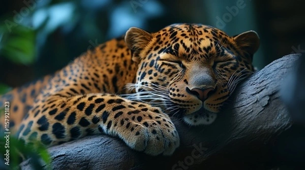Fototapeta A resting leopard sprawls on a branch, showcasing its vibrant fur and peaceful demeanor.