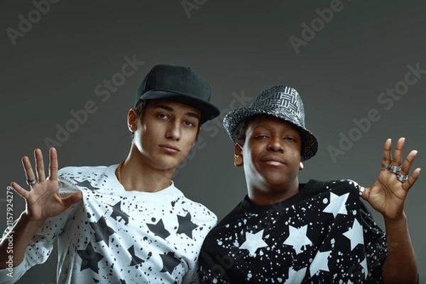 Fototapeta Two young rappers showing cool attitude and hand gestures