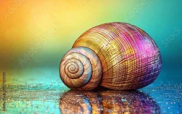 Fototapeta Colorful spiral shell resting on a reflective surface with a vibrant background