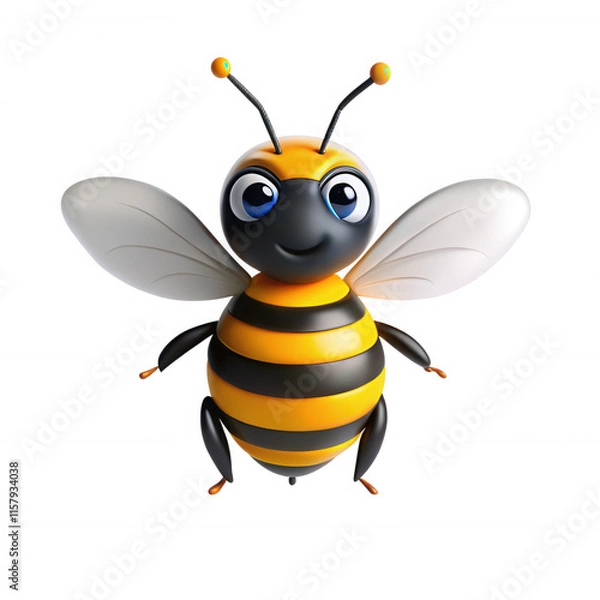 Fototapeta This is a cheerful 3D cartoon bee with black and yellow stripes, big blue eyes, and transparent wings, looking friendly and animated.